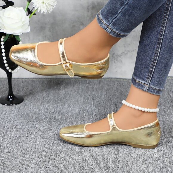 Gold Cushioned Insole Classic Mary Jane Ballet Flat Adjustable Ankle Strap - Picture 1 of 11